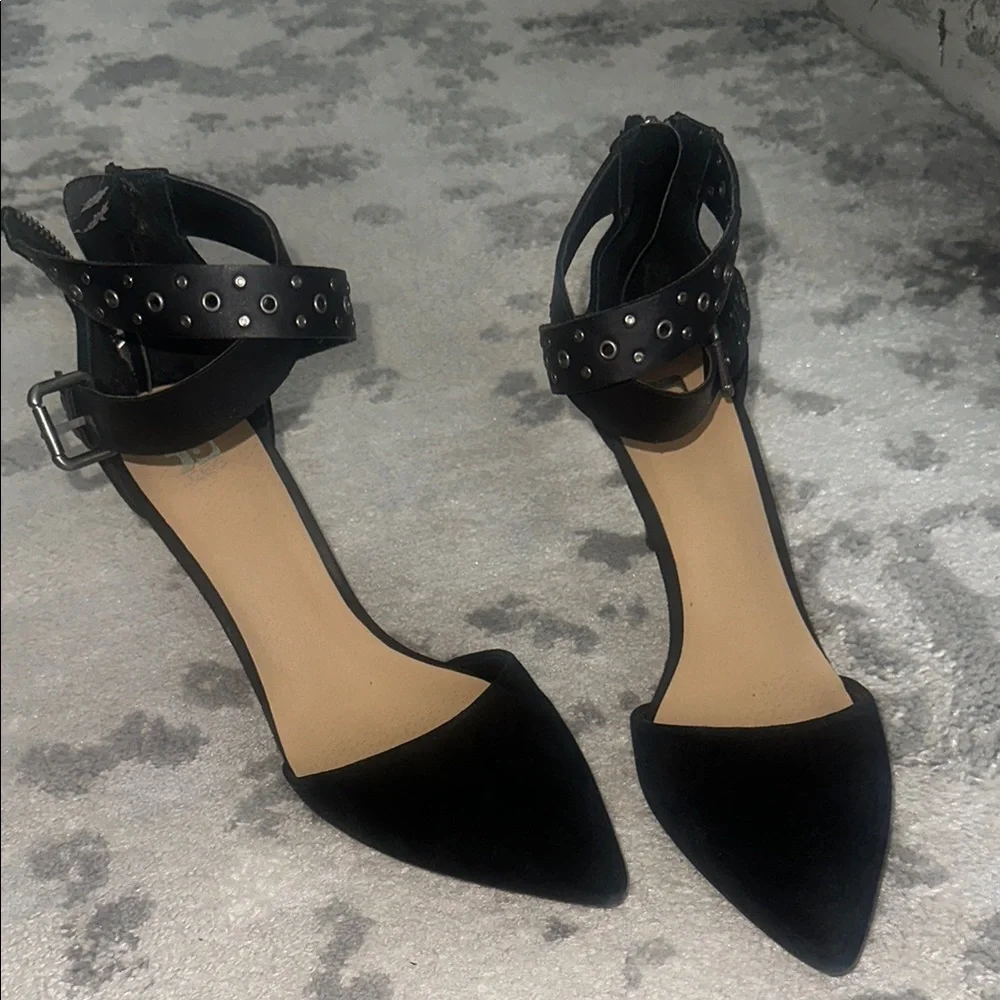 Joe’s Jeans black suede pointy closed toe ankle strap Betty heels